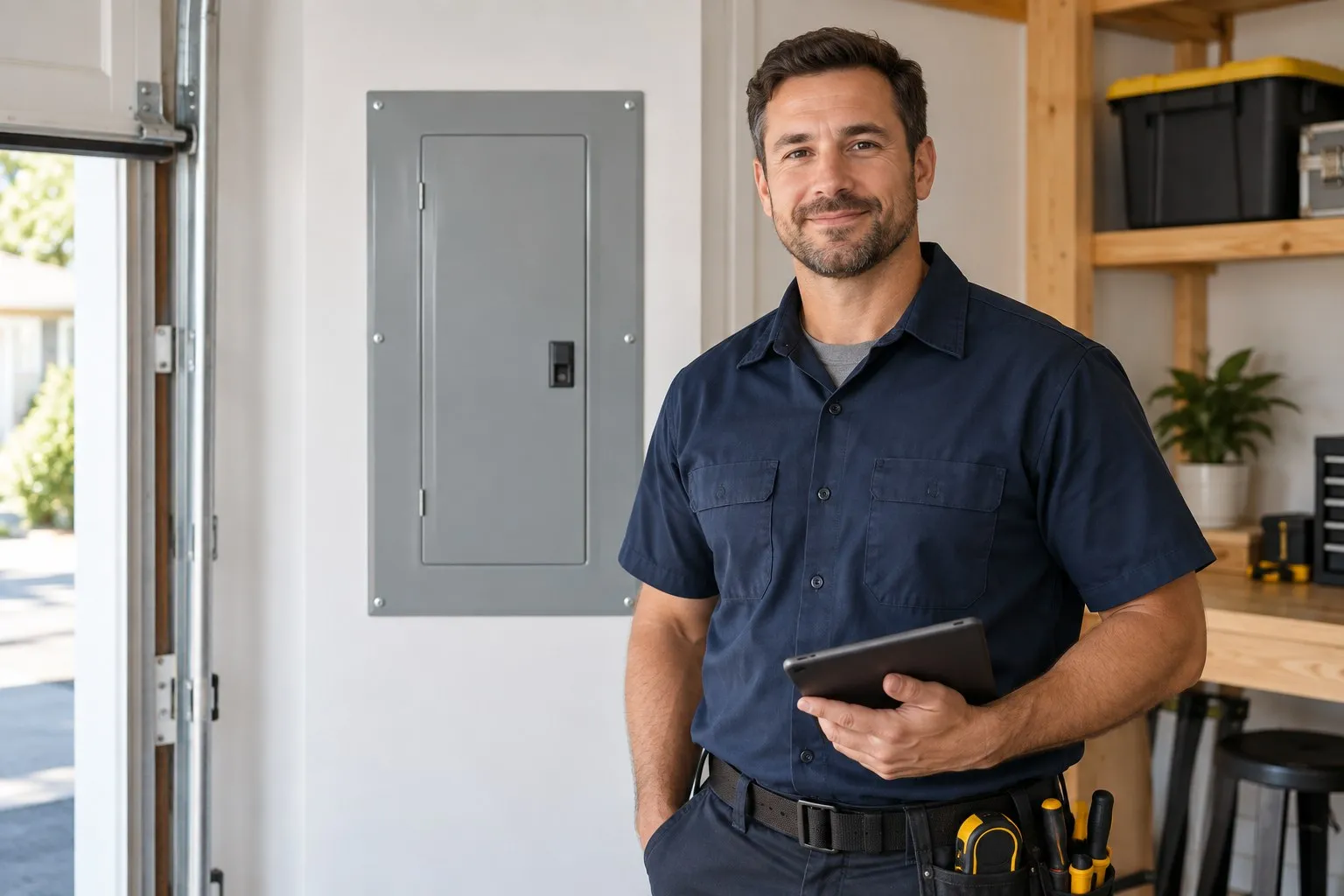 Illustrative photo of an electrician beside a residential electrical panel